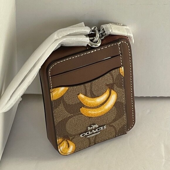 Coach Zip Card Case Banana CR833 ID Wallet Brown Canvas Leather Chain Strap - Picture 7 of 8
